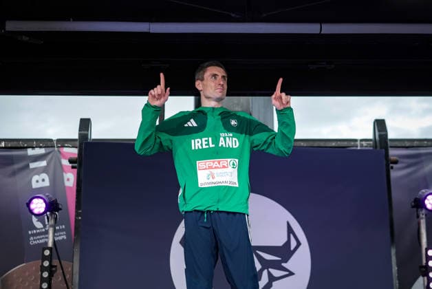 2026 European Athletics Championships, Alexander Stadium, Birmingham, England 14 8 2026 Men™s 800m Final Medal Ceremony Ireland™s Mark English celebrates on the podium Mark English celebrates on the podium 14 8 2026  Copyright: xx MT2_4320