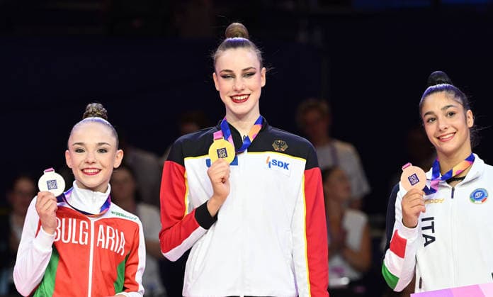 14.08.2026, xhbx, Rhythmische Sportgymnastik Weltmeisterschaft 2026, v.l. Stiliana Nikolova (Bulgarien), Darja Varfolomeev (Deutschland), Sofia Raffaeli (Italien), Siegerehrung (DFL DFB REGULATIONS PROHIBIT ANY USE OF PHOTOGRAPHS as IMAGE SEQUENCES and or QUASI-VIDEO) Frankfurt am Main *** August 14, 2026, xhbx, 2026 Rhythmic Gymnastics World Championships, from left: Stiliana Nikolova (Bulgaria), Darja Varfolomeev, Germany; Sofia Raffaeli, Italy; Award Ceremony. DFL and DFB regulations prohibit any use of photographs as image sequences and or quasi-video. Frankfurt am Main