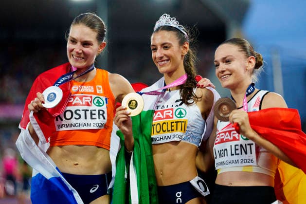 BIRMINGHAM, GREAT BRITAIN - AUGUST 14, 2026 : Podium of the 10000m: Nadia BATTOCLETTI (ITA Italy), Maureen KOSTER (NED Netherlands) and Jana van Lent (BEL Belgium) competing during the European Athletics Championships at Alexander Stadium on August 14, 2026 in Birmingham, Great Britain. Great Britain Copyright: xLeahxKohringx