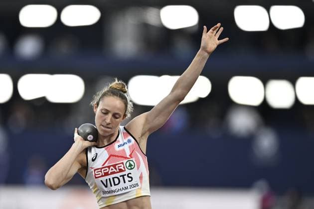 Belgian Noor Vidts pictured in action during the shot put event of the women s heptathlon competition, on the fifth day of the European Athletics Championships (August 10-18) in Birmingham, United Kingdom, on Friday 14 August 2026. ERICxLALMAND  x183382262x