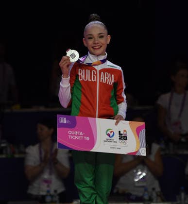 August 14, 2026, Frankfurt, Hesse, Germany: Bulgarian gymnast STILIANA NIKOLOVA shows off her silver medal in individual all around and 2028 Summer Olympics qualification spot at the 42nd Rhythmic gymnastics, Rhythmische Sportgymnastik, RSG World Championships all-around finals in the Festhalle in Frankfurt, Hesse, Germany on Friday, August 14, 2026. 2026 Rhythmic Gymnastics World Championships All-Around Finals  - ZUMAd168 20260814_zsp_d168_023 Copyright: xKaixDambachx