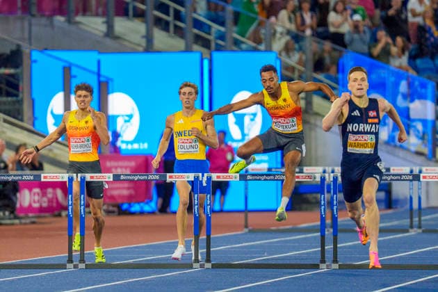 BIRMINGHAM, GREAT BRITAIN - AUGUST 14, 2026 : Second place for Emil AGYEKUM (GER Germany) over 400m hurdles during the European Athletics Championships at Alexander Stadium on August 14, 2026 in Birmingham, Great Britain. Great Britain Copyright: xLeahxKohringx