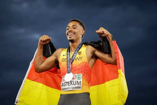 2026 European Athletics Championships, Alexander Stadium, Birmingham, England 14 8 2026 Men™s 400m Hurdles Germany™s Emil Agyekum celebrates silver Emil Agyekum celebrates silver 14 8 2026  Copyright: xx 0U6A4817