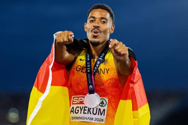 BIRMINGHAM, UNITED KINGDOM - AUGUST 14: Emil Agyekum of Germany wins the silver Medal in the Men s 400m Hurdles during the European Athletics Championships at Alexander Stadium on August 14, 2026 in Birmingham, United Kingdom. England United Kingdom Copyright: xBEAUTIFULxSPORTS TobiasxLacknerx