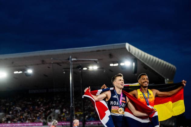 260814 Karsten Warholm of Norway and Emil Agyekum of Germany celebrates after men s 400 meter hurdles final during day 5 of the 2026 European Athletics Championships on August 14, 2026 in Birmingham. Photo: Maxim Thore BILDBYRAN kod MT MT1070 friidrott athletics friidrett friidrotts-em em friidretts-em 2026 european athletics championships day 5 bbeng *** August 14, 2026: Karsten Warholm of Norway and Emil Agyekum of Germany celebrate after the men’s 400-meter hurdles final on Day 5 of the 2026 European Athletics Championships on August 14, 2026 in Birmingham. Photo by Maxim Thore. BILDBYRAN code MT MT1070 track and field athletics friidrett friidrotts em em friidretts em 2026 European Athletics Championships Day 5 bbeng  Copyright: MAXIMxTHORE BB260814MT093