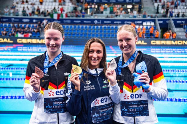 NATATION : Championnat d europe de natation 2026 - PARIS - 14 08 2026 Simona Quadarella (ITA) Isabel Gose (GER) Maya Werner (GER) Saint DenisFrance  Copyright: xBaptistexAutissierx