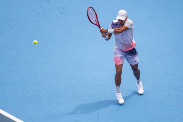 August 14, 2026, Mason, Ohio, U.S: Sebastian Baez (ARG) hits a two-handed backhand during FridayÃ¢â‚¬â ¢s first round of the Cincinnati Open at the Lindner Family Tennis Center , Mason, Oh. Mason U.S - ZUMAs304 20260814_zaf_s304_047 Copyright: xScottxStuartx