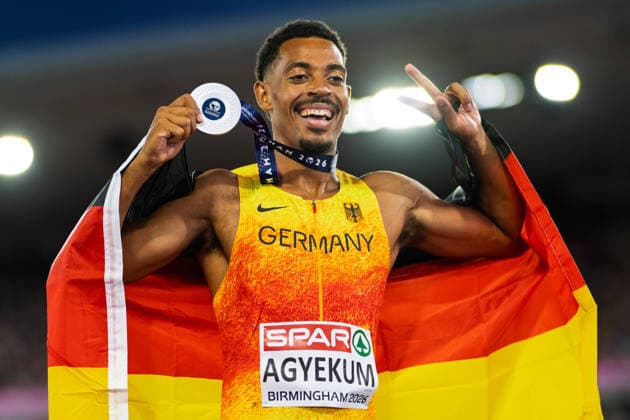 BIRMINGHAM, UNITED KINGDOM - AUGUST 14: Emil Agyekum of Germany wins the silver Medal in the Men s 400m Hurdles during the European Athletics Championships at Alexander Stadium on August 14, 2026 in Birmingham, United Kingdom. England United Kingdom Copyright: xBEAUTIFULxSPORTS TobiasxLacknerx