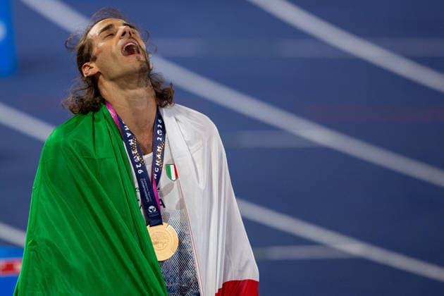 Gianmarco Tamberi of Italy celebrates winning gold in the Mens High Jump at the European Atheltics Championships at Alexander Stadium in Birmingham, England (Sean Walsh Sports Press Photo)  Copyright: xSeanxWalshx Sportspressphoto_SPR206528