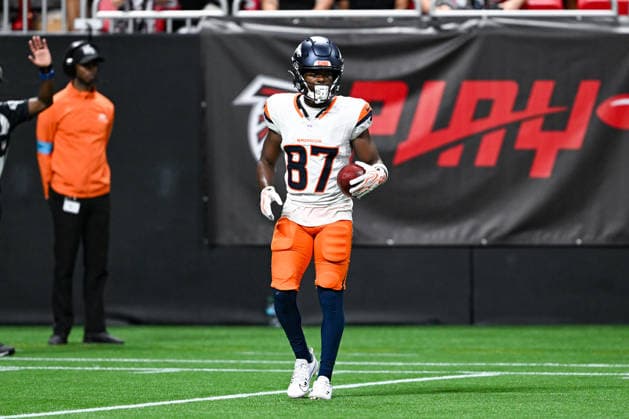 ATLANTA, GA - AUGUST 14: Denver wide receiver Cameron Ross (87) reacts during the NFL, American Football Herren, USA pre-season game between the Denver Broncos and the Atlanta Falcons on August 14th, 2026 at Mercedes-Benz Stadium in Atlanta, GA. (Photo by Rich von Biberstein Icon Sportswire) NFL: AUG 14 Broncos at Falcons EDITORIAL USE ONLY Icon260814028