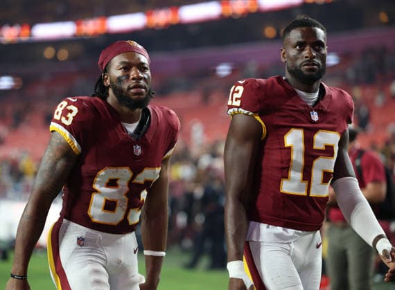 August 14, 2026, Landover, Maryland, USA: Washington Commanders wide receiver Jaylin Lane (83) and Washington Commanders wide receiver Van Jefferson (12) during the NFL, American Football Herren, USA preseason game between the Washington Commanders and Miami Dolphins at Northwest Stadium on Friday, August 14, 2026; Landover, Maryland, USA. Landover USA - ZUMAs325 20260814_zsp_s325_181 Copyright: xJessxStilesx