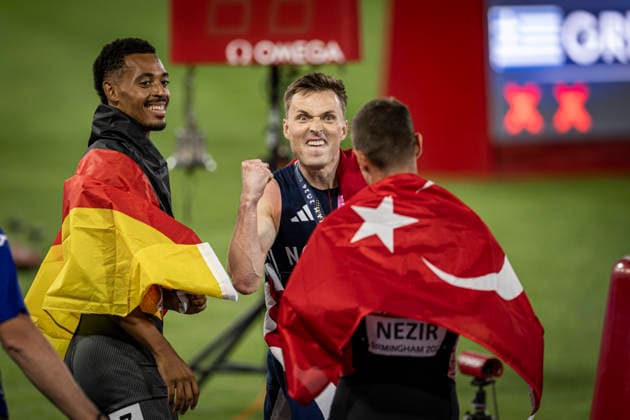 RECORD DATE NOT STATED 14th August 2026; Alexander Stadium, Birmingham, Midlands, England; 2026 European Athletics Championships, Day Five; Karsten Warholm (NOR) celebrates his championship record in the mens 400m hurdles with Emil Agyekum (GER) in silver and Ismail Nezir (TUR) in bronze GodfreyxPitt