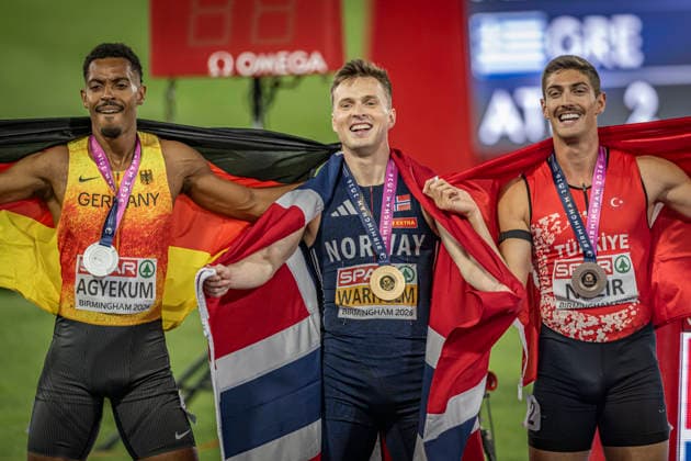 RECORD DATE NOT STATED 14th August 2026; Alexander Stadium, Birmingham, Midlands, England; 2026 European Athletics Championships, Day Five; Karsten Warholm (NOR) celebrates his championship record in the mens 400m hurdles with Emil Agyekum (GER) in silver and Ismail Nezir (TUR) in bronze GodfreyxPitt