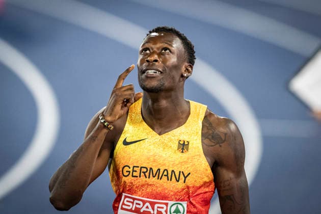 RECORD DATE NOT STATED 14th August 2026; Alexander Stadium, Birmingham, Midlands, England; 2026 European Athletics Championships, Day Five; Owen Ansah (GER) celebrates winning the mens 200m GodfreyxPitt