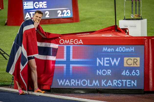 RECORD DATE NOT STATED 14th August 2026; Alexander Stadium, Birmingham, Midlands, England; 2026 European Athletics Championships, Day Five; Karsten Warholm (NOR) celebrates his championship record in the mens 400m hurdles GodfreyxPitt