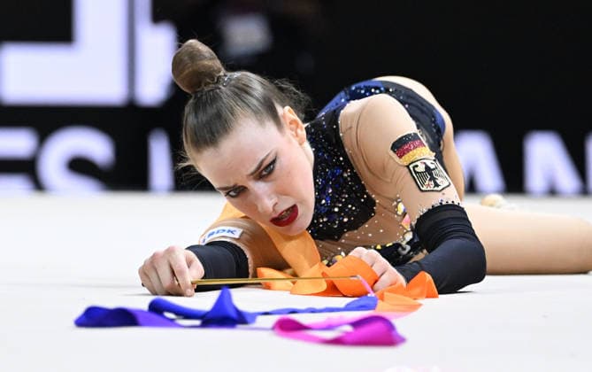14.08.2026, xhbx, Rhythmische Sportgymnastik Weltmeisterschaft 2026, v.l. Darja Varfolomeev (Deutschland) Band ( Frankfurt am Main *** August 14, 2026, xhbx, 2026 Rhythmic Gymnastics World Championships, from left: Darja Varfolomeev, Germany, ribbon, Frankfurt am Main