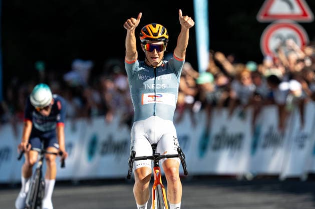 18th Czech Tour - Stage 2 Andrew August of the United States and Team Netcompany - INEOS crosses the finish line to win the second stage of the Czech Tour 2026, a 155km stage from Mlada Boleslav (Skoda Museum) to Jested (Jestedka Mountain Hut), on August 14, 2026 in Liberec, Czech Republic. JeÅ¡tÄ›d Czech Republic  Copyright: xFilipxBezdÄ›kx originalFilename:bezdek-notitle260814_np9Re.jpg
