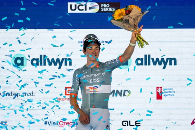 18th Czech Tour - Stage 2 Andrew August of the United States and Team Netcompany - INEOS celebrates on the podium as the stage winner and leader of the general, points, and youth classifications (yellow, green, and white jerseys) after the second stage of the Czech Tour 2026, a 155km stage from Mlada Boleslav (Skoda Museum) to Jested (Jestedka Mountain Hut), on August 14, 2026 in Liberec, Czech Republic. JeÅ¡tÄ›d Czech Republic  Copyright: xFilipxBezdÄ›kx originalFilename:bezdek-notitle260814_npoRR.jpg
