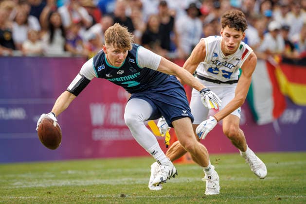 Quarter-final Italy (ITA) vs. Germany (GER), Day 3 Men at IFAF Flag Football Championships Düsseldorf 2026, 15.08.2026 Duesseldorf, Germany - Aug. 15, 2026: Justin Schlesinger (GER 3) during the Quarter-final match between Italy (ITA) vs. Germany (GER) on the third day of the Men IFAF Flag Football World Championships at the Bezirkssportanlage Duesseldorf Garath *** Quarterfinal: Italy (ITA) vs. Germany (GER), Day 3, Men s Division at the IFAF Flag Football Championships in Düsseldorf 2026, August 15, 2026, Düsseldorf, Germany. Justin Schlesinger (GER 3) during the quarterfinal match between Italy (ITA) and Germany (GER) on the third day of the Men’s IFAF Flag Football World Championships at the Bezirkssportanlage Düsseldorf Garath Copyright: xBEAUTIFULxSPORTS B.Hoffmannx