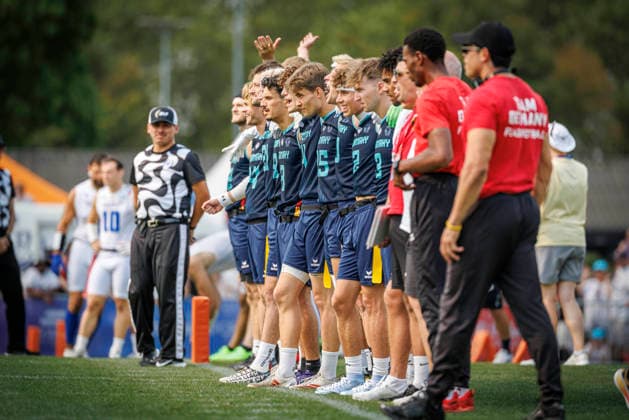 Quarter-final Italy (ITA) vs. Germany (GER), Day 3 Men at IFAF Flag Football Championships Düsseldorf 2026, 15.08.2026 Duesseldorf, Germany - Aug. 15, 2026: german team during the Quarter-final match between Italy (ITA) vs. Germany (GER) on the third day of the Men IFAF Flag Football World Championships at the Bezirkssportanlage Duesseldorf Garath *** Quarterfinal: Italy (ITA) vs. Germany (GER), Day 3, Men s Division at the IFAF Flag Football Championships in Düsseldorf 2026, August 15, 2026, Düsseldorf, Germany—The German team during the quarterfinal match between Italy (ITA) and Germany (GER) on the third day of the Men’s IFAF Flag Football World Championships at the Bezirkssportanlage Düsseldorf Garath Copyright: xBEAUTIFULxSPORTS B.Hoffmannx