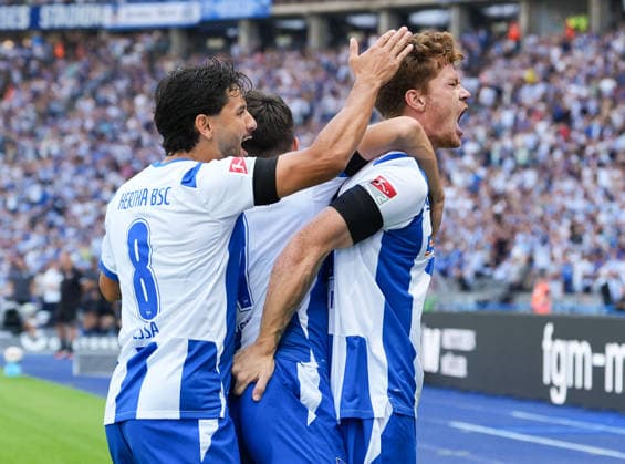 Kevin Sessa ( 8), Josip Brekalo ( 7) und Sebastian Groenning ( 17) feiern nach einem Tor. GER, Hertha BSC vs 1.FC Heidenheim 1846, 2. Bundesliga, 2. Spieltag, Saison 2026-27, 15.08.2026 DFL REGULATIONS PROHIBIT ANY USE OF PHOTOGRAPHS AS IMAGE SEQUENCES AND OR QUASI-VIDEO GER, Hertha BSC vs 1.FC Heidenheim 1846, 2. Bundesliga, 2. Spieltag, Saison 2026-27, 15.08.2026 Berlin *** Kevin Sessa 8, Josip Brekalo 7, and Sebastian Groenning 17 celebrate after a goal. GER, Hertha BSC vs. 1 FC Heidenheim 1846, 2. Bundesliga, Matchday 2, 2026–27 season, August 15, 2026. DFL regulations prohibit any use of photographs as image sequences and or quasi-video. GER, Hertha BSC vs. 1 FC Heidenheim 1846, 2. Bundesliga, Matchday 2, 2026–27 season, August 15, 2026, Berlin Copyright: xEibner-Pressefoto ScottxColemanx EP_SCN