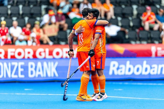 India v Wales - FIH Hockey World Cup AMSTELVEEN, NETHERLANDS - AUGUST 15: Harmanpreet Singh and Manpreet Singh of India during the FIH Hockey World Cup match between India and Wales at Wagener Stadion on August 15, 2026 in Amstelveen, Netherlands. Amstelveen Wagener Stadion Netherlands Content not available for redistribution in The Netherlands directly or indirectly through any third parties. Copyright: xMarcelxvanxPlateringenx