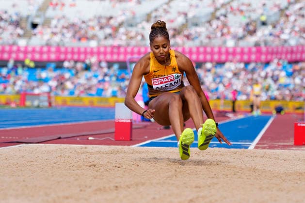 BIRMINGHAM, GREAT BRITAIN - AUGUST 15, 2026 : Mikaelle ASSANI (GER Germany) competing in the long jump qualification during the European Athletics Championships at Alexander Stadium on August 15, 2026 in Birmingham, Great Britain. Great Britain Copyright: xLeahxKohringx