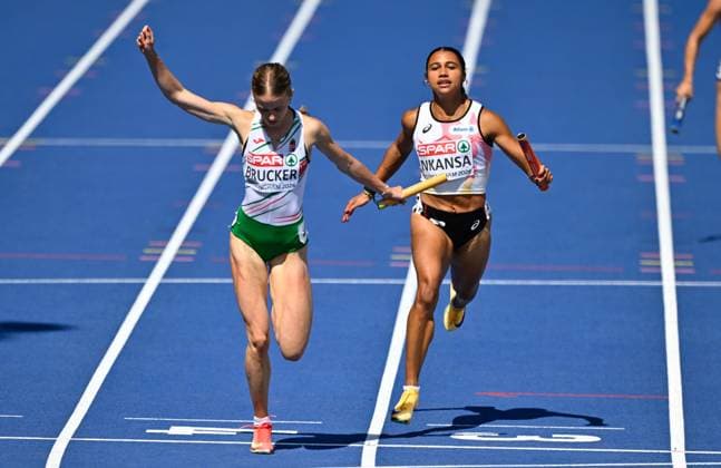 Belgian Delphine Nkansa celebrates as he crosses the finish line at the first round of the women s 4x100m relay race, on the seventh day of the European Athletics Championships (August 10-18) in Birmingham, United Kingdom, on Saturday 15 August 2026. ERICxLALMAND  x183427262x