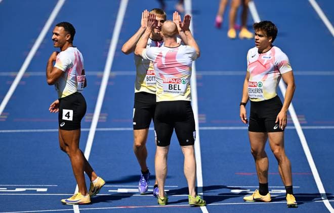 Belgian Emiel Botterman; Belgian Antoine Snyders; Belgium s CÃ dric Verschueren and Belgium s Amine Kasmi celebrate after the first round of the men s 4x100m relay race, on the seventh day of the European Athletics Championships (August 10-18) in Birmingham, United Kingdom, on Saturday 15 August 2026. ERICxLALMAND  x183429330x