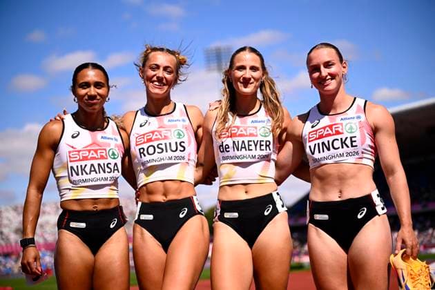 European Athletics Championships Birmingham 2026 - day 6 BIRMINGHAM, ENGLAND - AUGUST 15 : Vincke Rani (BEL), Rosius Rani (BEL), De Naeyer Janie (BEL) and Nkansa Delphine (BEL) of the Belgian Rockets on day 6 of the Birmingham 2026 European Athletics Championships on August 15, 2026 in Birmingham, England, 15 08 2026 Birmingham ENGLAND  Copyright: xTomasxSiskx
