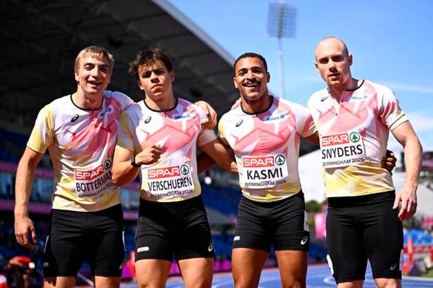 European Athletics Championships Birmingham 2026 - day 6 BIRMINGHAM, ENGLAND - AUGUST 15 : Kasmi Amine (BEL), Botterman Emiel (BEL), Snyders Antoine (BEL) and Verschueren Cedric (BEL) of the Belgien Falcons of the Belgian Rockets on day 6 of the Birmingham 2026 European Athletics Championships on August 15, 2026 in Birmingham, England, 15 08 2026 Birmingham ENGLAND  Copyright: xTomasxSiskx