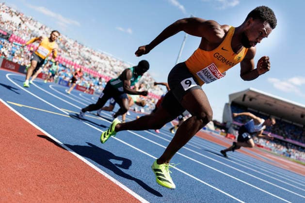BIRMINGHAM, GREAT BRITAIN - AUGUST 15, 2026: 4x100m men, qualification, Heiko GUSSMANN (GER Germany), Lucas ANSAH-PEPRAH (GER Germany) competing during the European Athletics Championships at Alexander Stadium on August 15, 2026 in Birmingham, Great Britain. Great Britain Copyright: xAxelxKohringx