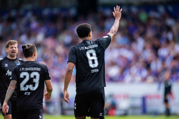 15.08.2026 - Fußball, 2026 2027, 2. Bundesliga, 2. Spieltag, VfL Osnabrück - 1. FC Magdeburg: Emmanuel Iyoha (Magdeburg) jubelt nach seinem Tor zum 0:3 DFL REGULATIONS PROHIBIT ANY USE OF PHOTOGRAPHS AS IMAGE SEQUENCES AND OR QUASI-VIDEO. *** August 15, 2026 Soccer, 2026–2027, 2. Bundesliga, Matchday 2, VfL Osnabrück 1 FC Magdeburg Emmanuel Iyoha Magdeburg celebrates after scoring his goal to make it 0–3 DFL REGULATIONS PROHIBIT ANY USE OF PHOTOGRAPHS AS IMAGE SEQUENCES AND OR QUASI-VIDEO