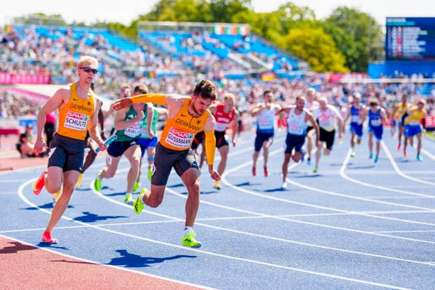 BIRMINGHAM, GREAT BRITAIN - AUGUST 15, 2026 : Marvin SCHULTE (GER Germany) and Heiko GUSSMANN (GER Germany) competing in the 4x100m relay heats during the European Athletics Championships at Alexander Stadium on August 15, 2026 in Birmingham, Great Britain. Great Britain Copyright: xLeahxKohringx