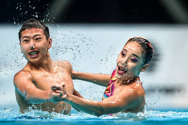 (260815) -- BUDAPEST, Aug. 15, 2026 -- Chen Xiuping Wang Ziyan (R) of China perform during the Mixed Duet Free Event of the World Aquatics Junior Artistic Swimming Championships in Budapest, Hungary, Aug. 15, 2026. (Photo by Xinhua) (SP)HUNGARY-BUDAPEST-ARTISTIC SWIMMING-WORLD JUNIOR CHAMPIONSHIPS-MIXED DUET FREE DavidxBalogh 