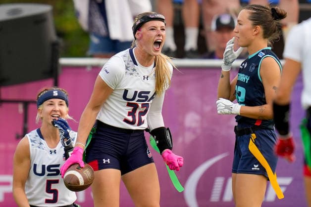 Ashlea Klam (USA) celebrates during the Women s 2026 IFAF Flag Football World Championships quarter-final match between USA v Germany at Flag Football Complex Dusseldorf-Garath on August 15, 2026 in Dusseldorf, Germany. (Photo by Alex Gottschalk DeFodi Images) - *** Ashlea Klam of the U.S. celebrates during the quarterfinal match of the 2026 IFAF Women’s Flag Football World Championships between the U.S. and Germany at the Flag Football Complex Düsseldorf-Garath on August 15, 2026, in Düsseldorf, Germany. Photo by Alex Gottschalk, DeFodi Images