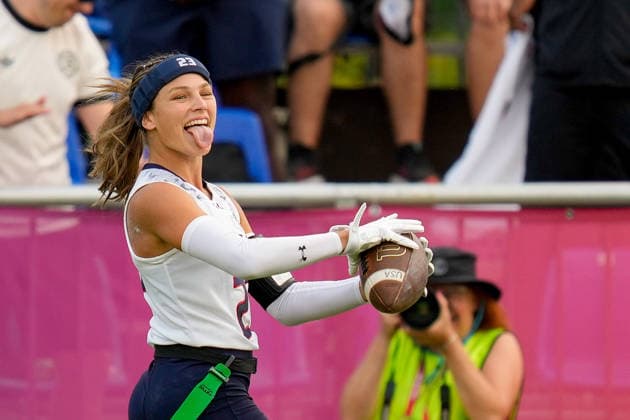Isabella Geraci (USA) celebrates during the Women s 2026 IFAF Flag Football World Championships quarter-final match between USA v Germany at Flag Football Complex Dusseldorf-Garath on August 15, 2026 in Dusseldorf, Germany. (Photo by Alex Gottschalk DeFodi Images) - *** Isabella Geraci of the U.S. celebrates during the quarterfinal match of the 2026 IFAF Women’s Flag Football World Championships between the U.S. and Germany at the Flag Football Complex Düsseldorf-Garath on August 15, 2026, in Düsseldorf, Germany. Photo by Alex Gottschalk, DeFodi Images