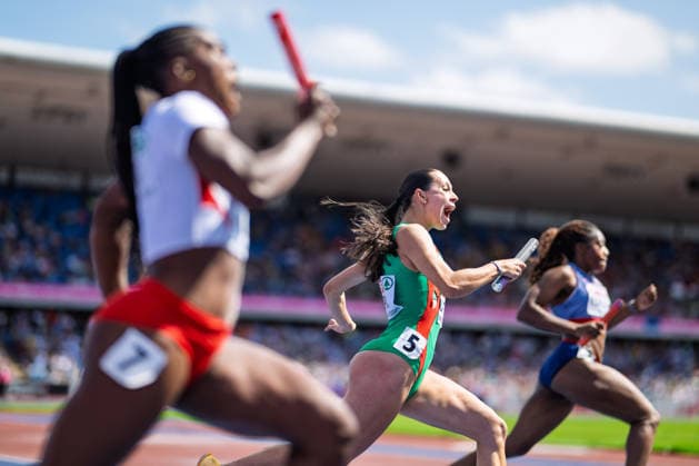 BIRMINGHAM, UNITED KINGDOM - AUGUST 15: Beatriz Castelhano of Portugal competes in the Women s 4x100m Relay during the European Athletics Championships at Alexander Stadium on August 15, 2026 in Birmingham, United Kingdom. England United Kingdom Copyright: xBEAUTIFULxSPORTS TobiasxLacknerx