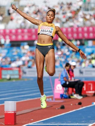 BIRMINGHAM, GREAT BRITAIN - AUGUST 15, 2026: Mikaelle ASSANI (GER Germany) competing in the long jump qualification round during the European Athletics Championships at Alexander Stadium on August 15, 2026 in Birmingham, Great Britain. Great Britain Copyright: xAxelxKohringx