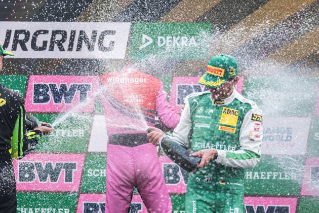15.08.2026, GER, Motorsport, ADAC DTM, Saison 2026, Nürburgring Rennsieger Matteo Cairoli ( Italien, Emil Frey Racing, Ferrari 296 GT3, 14 ), Zweitplatzierter Thomas Preining ( Österreich, Manthey, Porsche 911 GT3 R, 91 ) und Drittplatzierter Marco Wittmann ( Deutschland, Schubert Motorsport, BMW M4 GT3 Evo, 11 ) feiern auf dem Podium Nürburg Nürburgring Rheinland-Pfalz Deutschland *** August 15, 2026, GER, Motorsports, ADAC DTM, 2026 Season, Nürburgring Race Winner Matteo Cairoli (Italy), Emil Frey Racing, Ferrari 296 GT3, 14, Runner-up Thomas Preining (Austria), Manthey, Porsche 911 GT3 R, 91, and third-place finisher Marco Wittmann (Germany), Schubert Motorsport, BMW M4 GT3 Evo, 11, celebrate on the podium at the Nürburgring in Rhineland-Palatinate, Germany Copyright: xnordphotoxGmbHx xKnabx