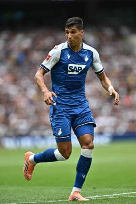 GB. LONDON 15 AUGUST: Adam Daghim of TSG 1899 Hoffenheim runs with the ball during the pre-season friendly match against Tottenham Hotspur at Tottenham Hotspur Stadium. The player wears the Macron kit featuring the SAP sponsor logo. Photo Sebastian Frej Tottenham Hotspur v TSG 1899 Hoffenheim Copyright: xx