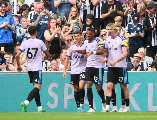 Malick Thiaw of Newcastle United celebrates scoring their first goal Newcastle United v Bayer Leverkusen, Pre Season Friendly, Football, St James Park, Newcastle, UK - 15 Aug 2026Newcastle St James Park United Kingdom EDITORIAL USE ONLY No use with unauthorised audio, video, data, fixture lists, club league logos or live services. Online in-match use limited to 120 images, no video emulation. No use in betting, games or single club league player publications.  Copyright: xRichardxLee Shutterstockx 17070129af