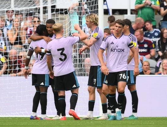 Malick Thiaw of Newcastle United celebrates scoring their first goal Newcastle United v Bayer Leverkusen, Pre Season Friendly, Football, St James Park, Newcastle, UK - 15 Aug 2026Newcastle St James Park United Kingdom EDITORIAL USE ONLY No use with unauthorised audio, video, data, fixture lists, club league logos or live services. Online in-match use limited to 120 images, no video emulation. No use in betting, games or single club league player publications.  Copyright: xRichardxLee Shutterstockx 17070129ag