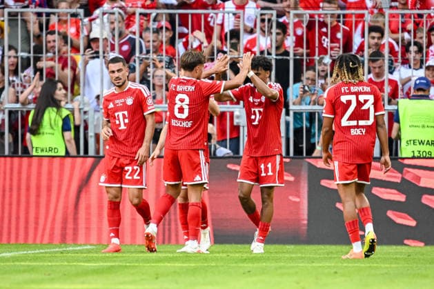 Nathaniel Brown (FC Bayern Muenchen) celebrates after scoring his team s second goal with teammates during the Telekom Cup match between FC Bayern Muenchen and RB Leipzig at Allianz Arena on August 15, 2026 in Munich, Germany. (Photo by Harry Langer DeFodi Images) - *** Nathaniel Brown of FC Bayern Munich celebrates after scoring his team s second goal with his teammates during the Telekom Cup match between FC Bayern Munich and RB Leipzig at the Allianz Arena on August 15, 2026, in Munich, Germany. Photo by Harry Langer, DeFodi Images