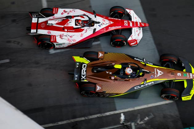 2026 FORMULA E LONDON ePRIX 23 NATO Norman (fra), Nissan Formula E Team, Nissan e-4ORCE 05, action 03 MARTI Pepe (spa), Cupra Kiro, Porsche 99X Electric WCG3, action during the London ePrix, 16th and 17th round of the 2025-26 ABB FIA Formula E World Championship, WM, Weltmeisterschaft on the ExCel London Circuit from August 14 to 16, 2026 in London, United Kingdom -  Copyright: xGREGORYxLENORMANDx
