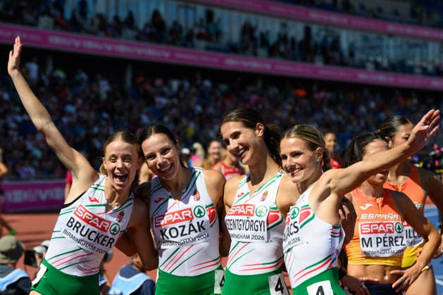 BIRMINGHAM, GREAT BRITAIN - August 15: Hungary 4x100 metres relay team with Lili Hanna Brucker Luca Kozak, Zita Szentgyörgyi, Boglarka Takacs celebrating breaking the national record during the 4x100 metres relay qualification during the European Athletics Championships 2026 at Alexander Stadium in Birmingham, Great Britain (Photo by Sven Beyrich Sports Press Photo)  Copyright: xSvenxBeyrich SportsxPressxPhotox Sportspressphoto_SPR207043