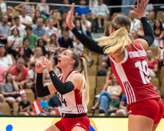 VOLLEYBALL - AUT vs GER, test match VIENNA,AUSTRIA,15.AUG.26 - VOLLEYBALL - OEVV international test match, ladies, Austria vs Germany. Image shows the rejoicing of Kora Schaberl (AUT).  GEPAxpictures xGabrielxLopez