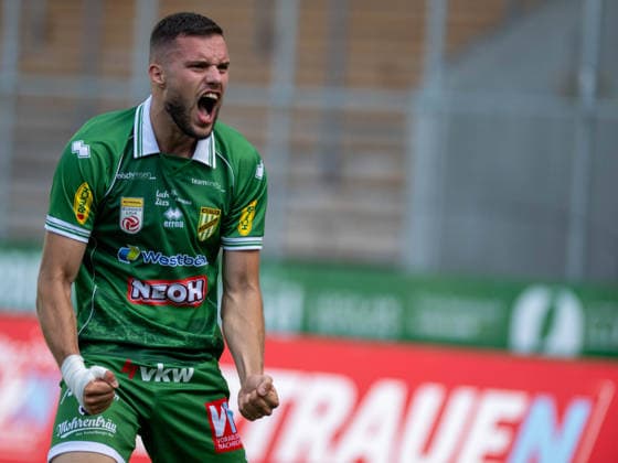 SOCCER - BL, A.Lustenau vs WAC LUSTENAU,AUSTRIA,15.AUG.26 - SOCCER - ADMIRAL Bundesliga, SC Austria Lustenau vs Wolfsberger AC. Image shows the rejoicing of Antonio Verinac (A.Lustenau).  GEPAxpictures xOliverxLerch