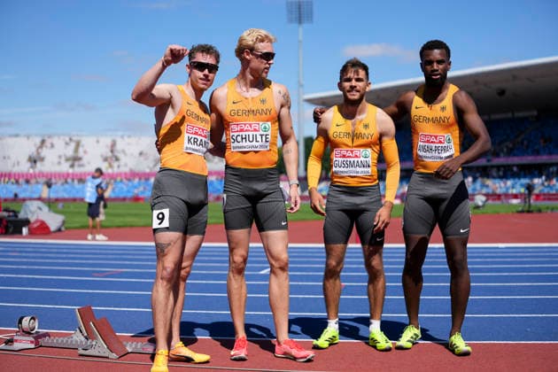 ATHLETICS - European Athletics Championships BIRMINGHAM,ENGLAND,15.AUG.26 - ATHLETICS - European Athletics Championships, 4x100m, relay, Men. Image shows Kevin Kranz, Marvin Schulte, Heiko Gussmann and Lucas Ansah-Peprah (GER).  GEPAxpictures xRanjithxKumar