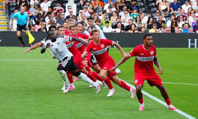 Calvin Bassey of Fulham joins the attack Fulham v Stuttgart, Pre Season Friendly, Football, Craven Cottage, London, UK - 15 Aug 2026London Craven Cottage United Kingdom EDITORIAL USE ONLY No use with unauthorised audio, video, data, fixture lists, club league logos or live services. Online in-match use limited to 120 images, no video emulation. No use in betting, games or single club league player publications.  Copyright: xJavierxGarcia Shutterstockx 17070137av